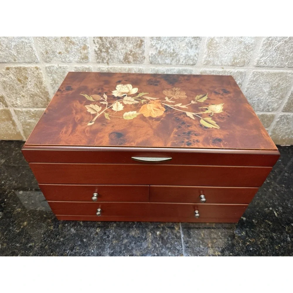 Mele & Co Wooden Jewelry Box Floral Inlay Brayden Design Drawers Mirror Lined